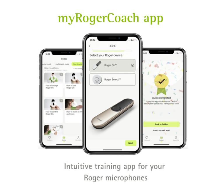 Phonak myRogerCoach app - 3 different views on 3 smartphones.