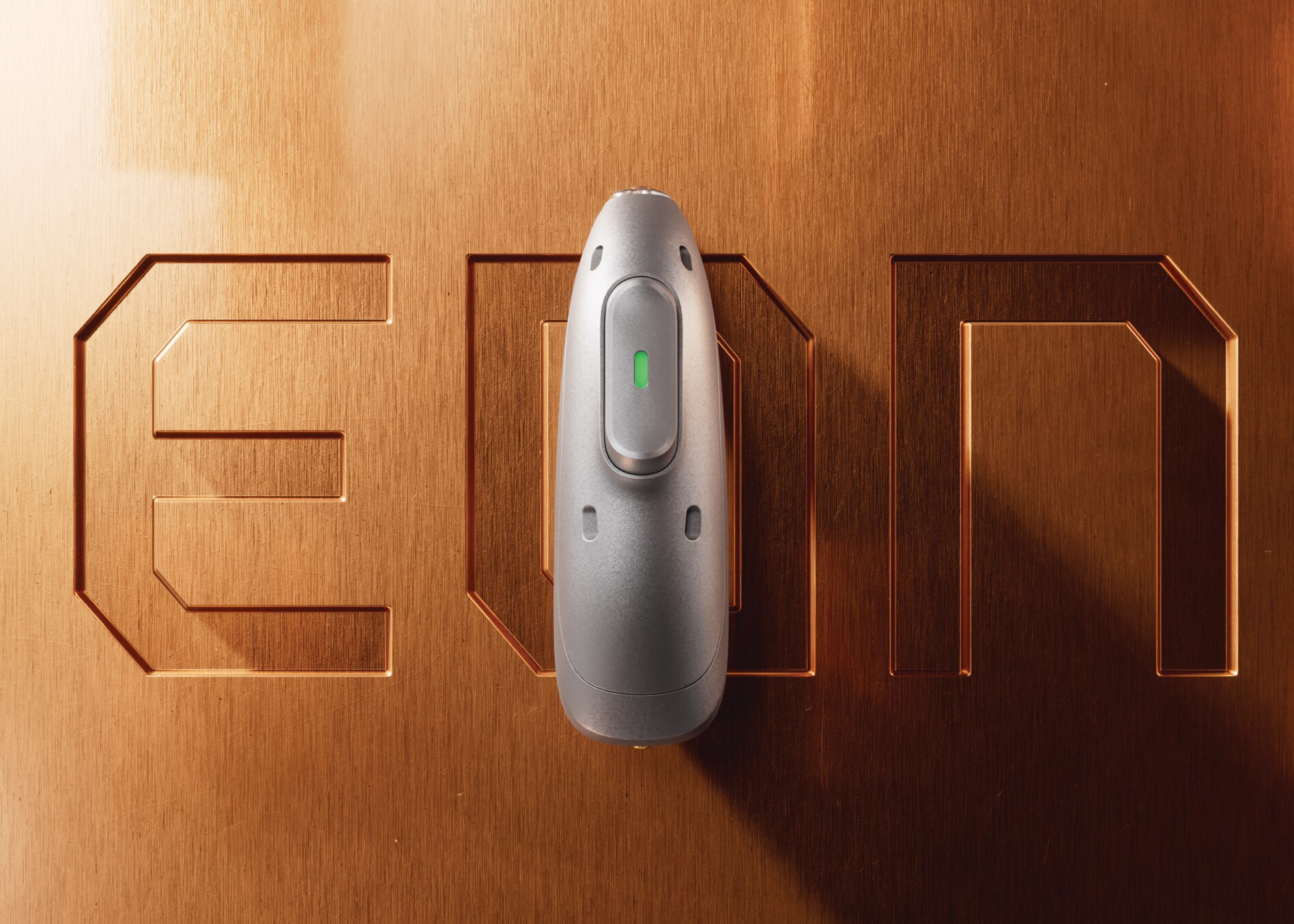 Product image of the new Phonak Audéo EON hearing aid  on a wooden / golden background